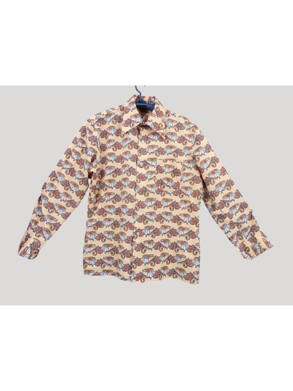 Nulook 70s Polyester Roadster 20s Theme Print Shirt M 16.5 Neck 34/35 Brown Tan